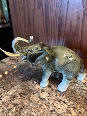 Vintage Royal Dux Ceramic Elephant Figurine in Gray and White
